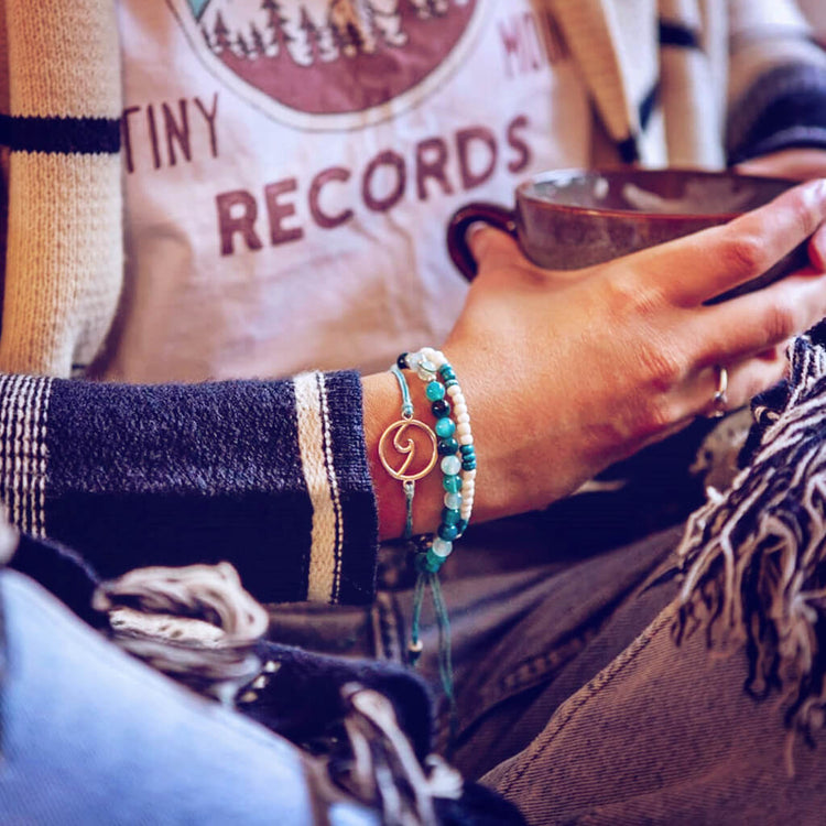 catch a wave // beachy bracelet style pack, set of 3 worn on model close up by Peacock & Lime