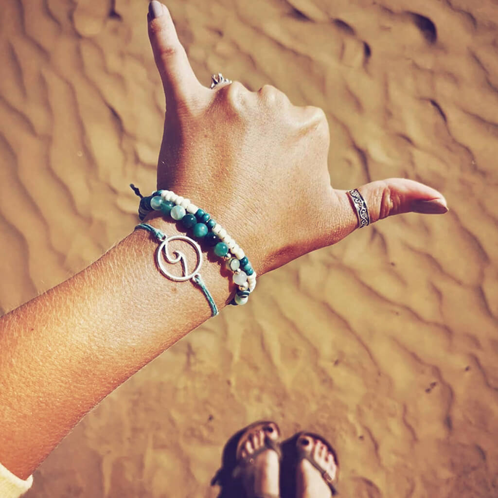 catch a wave // beachy bracelet style pack, set of 3 worn on model close up by Peacock & Lime