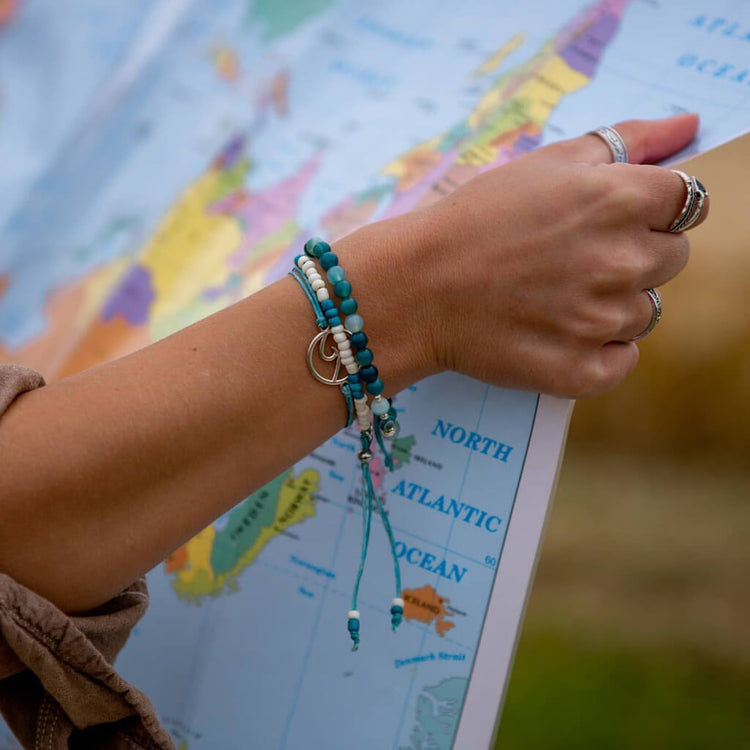 catch a wave // beachy bracelet style pack, set of 3 worn on model close up by Peacock & Lime