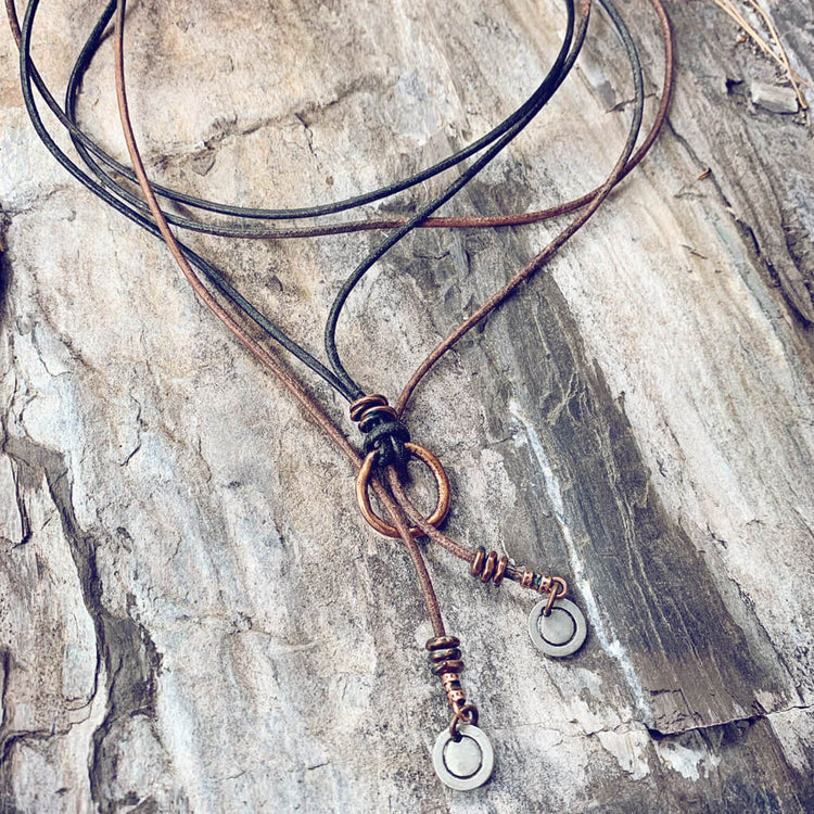 circle positive // copper karma circle bohemian lariat choker style necklace with pewter ends - Peacock & Lime