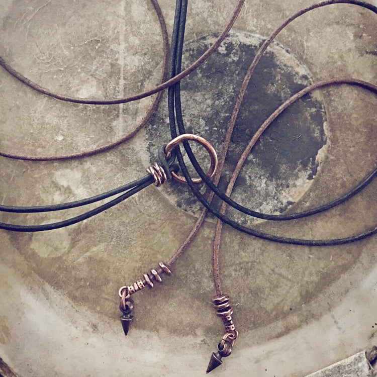 circle positive // copper karma circle bohemian lariat choker style necklace with copper spike ends - Peacock & Lime