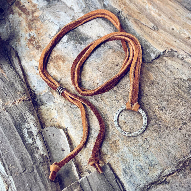 circle positive ii - men's rugged sterling silver and leather karma circle adjustable necklace - Peacock & Lime