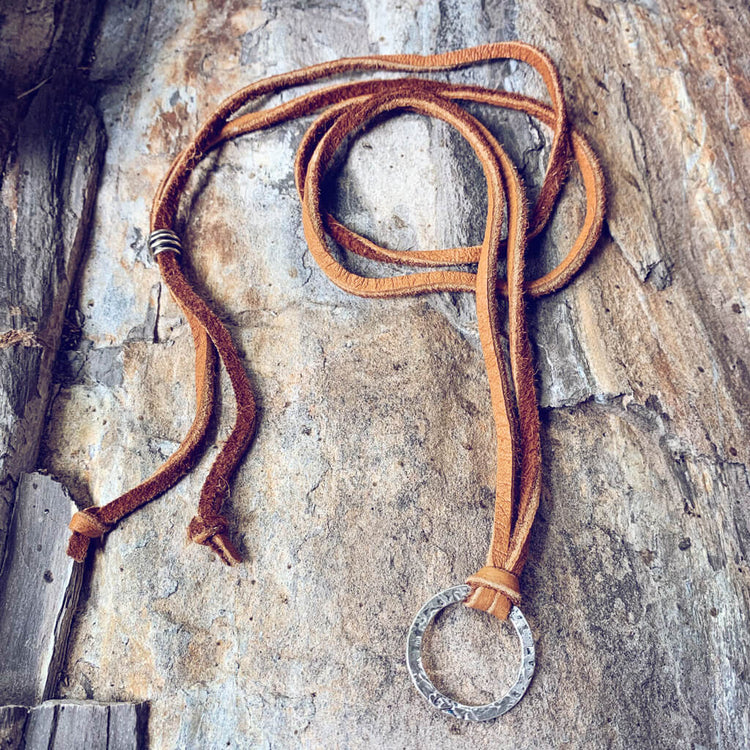 circle positive ii - men's rugged sterling silver and leather karma circle adjustable necklace - Peacock & Lime