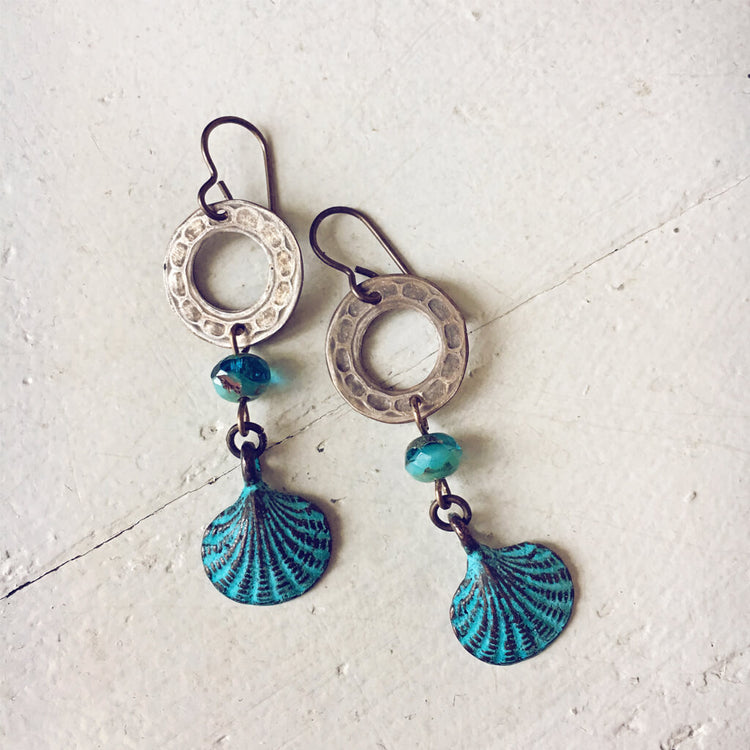 coastal // beachy boho sea shell earrings - Peacock & Lime