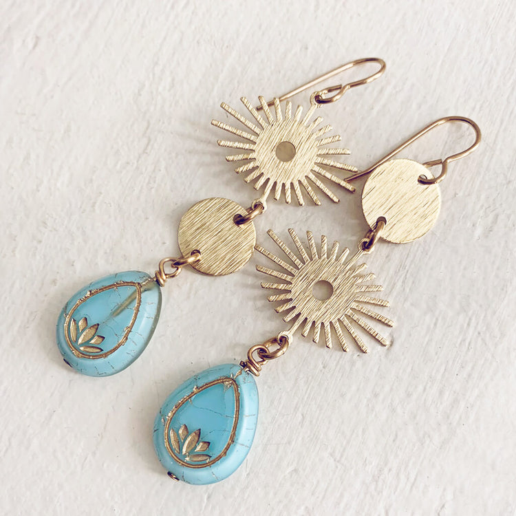 cosmic eye asymmetrical lotus flower celestial brass earrings - blue - by Peacock and Lime