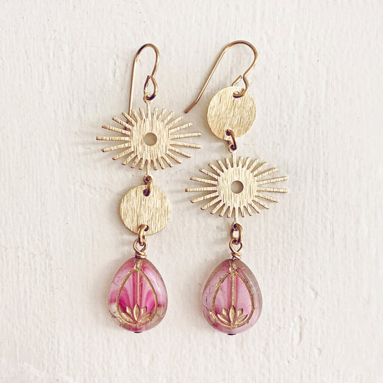 cosmic eye asymmetrical lotus flower celestial brass earrings - pink - by Peacock and Lime