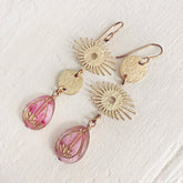 cosmic eye asymmetrical lotus flower celestial brass earrings - pink - by Peacock and Lime