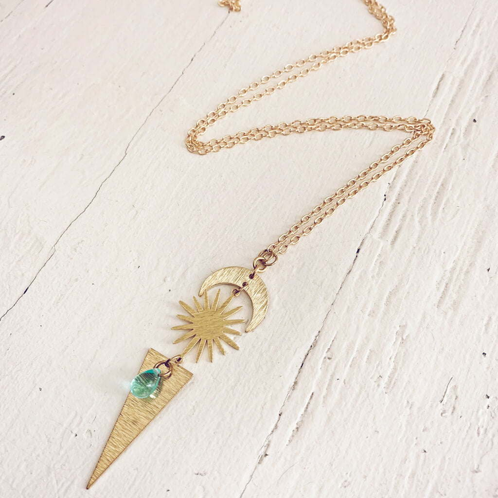 cosmic sky // crescent moon, sun, triangle & beach glass necklace - Peacock & Lime