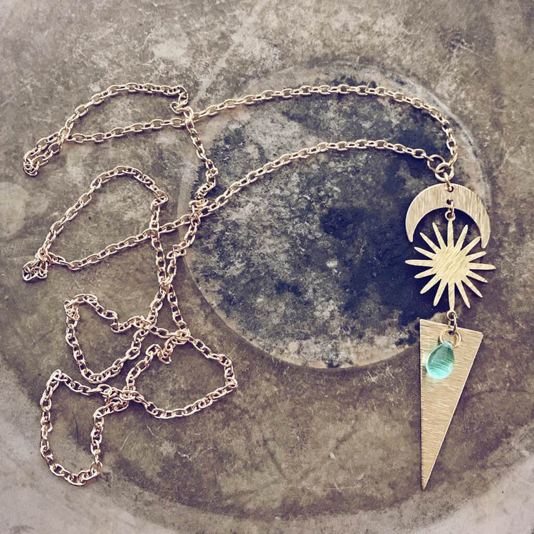 cosmic sky // crescent moon, sun, triangle & beach glass necklace - Peacock & Lime