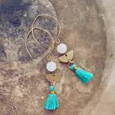 cosmos // boho brass, white jade & turquoise tassel earrings - Peacock & Lime