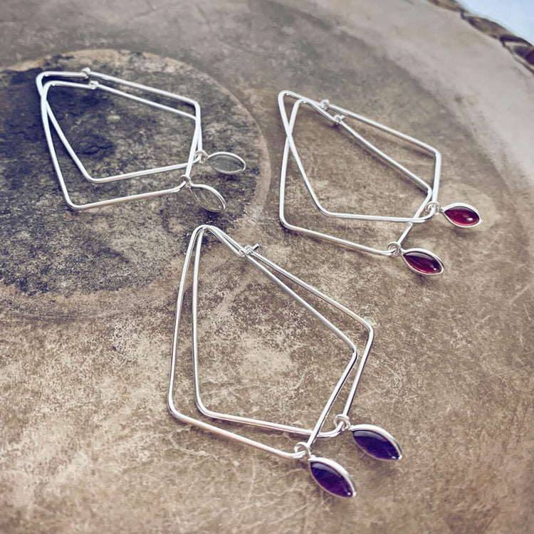 dewdrop II // sterling silver & gemstone modern teardrop hoop earrings by Peacock & Lime