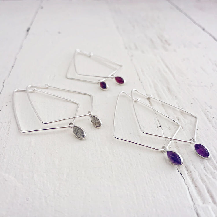 dewdrop II // sterling silver & gemstone modern teardrop hoop earrings by Peacock & Lime