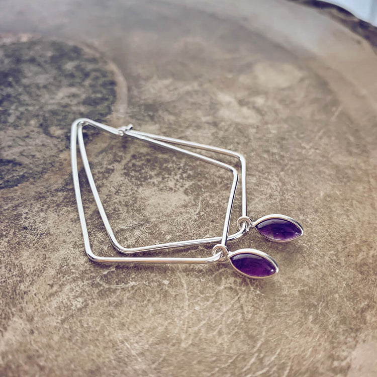 dewdrop II // sterling silver & gemstone modern teardrop hoop earrings - amethyst - by Peacock & Lime