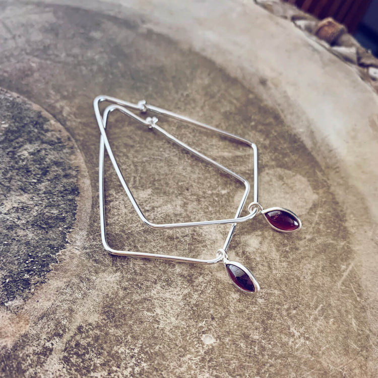 dewdrop II // sterling silver & gemstone modern teardrop hoop earrings - garnet - by Peacock & Lime