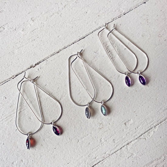 dewdrop // sterling silver & gemstone modern teardrop hoop earrings by Peacock & Lime