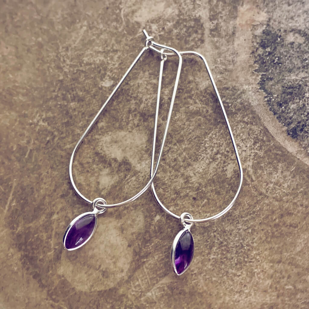 dewdrop // sterling silver & gemstone modern teardrop hoop earrings - amethyst - by Peacock & Lime