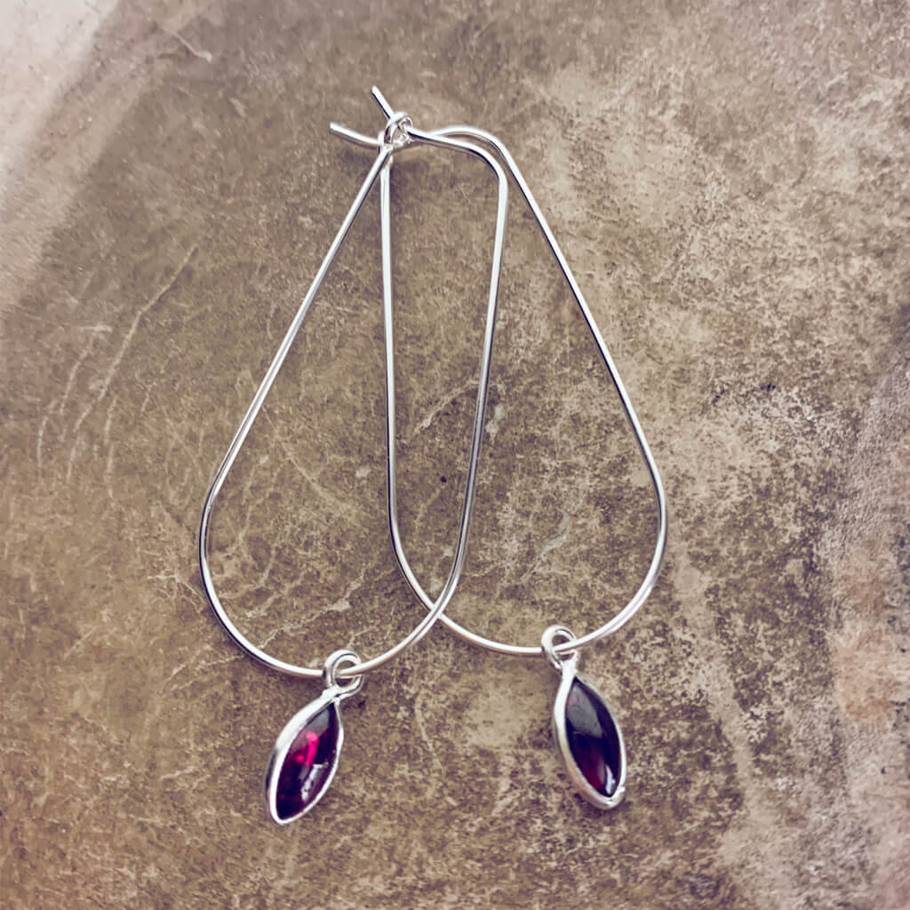 dewdrop // sterling silver & gemstone modern teardrop hoop earrings - garnet - by Peacock & Lime