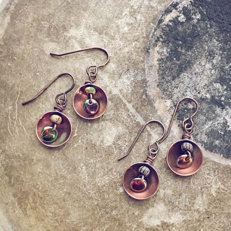 dome // copper and brass domed dangle earrings - Peacock & Lime