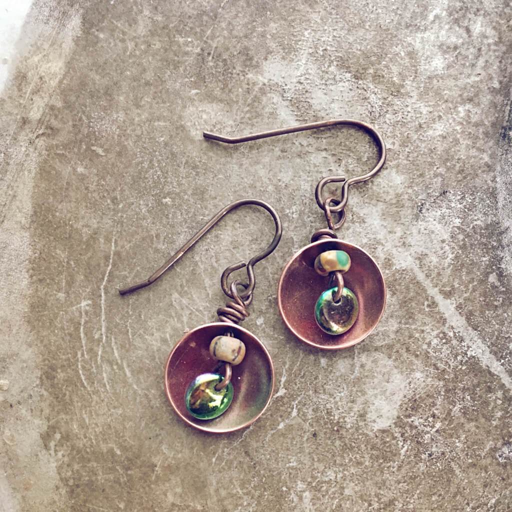 dome // copper and brass domed dangle earrings - Peacock & Lime