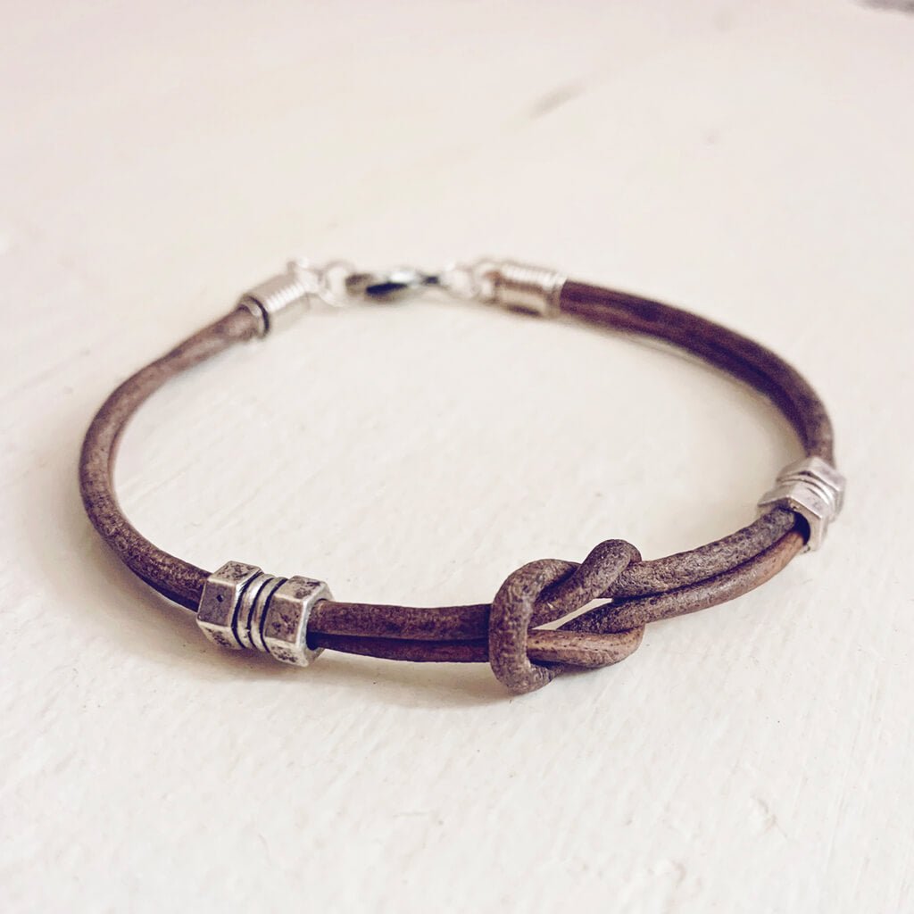 double hex // simple distressed grey brown leather knot bracelet with pewter hex beads by Peacock & Lime