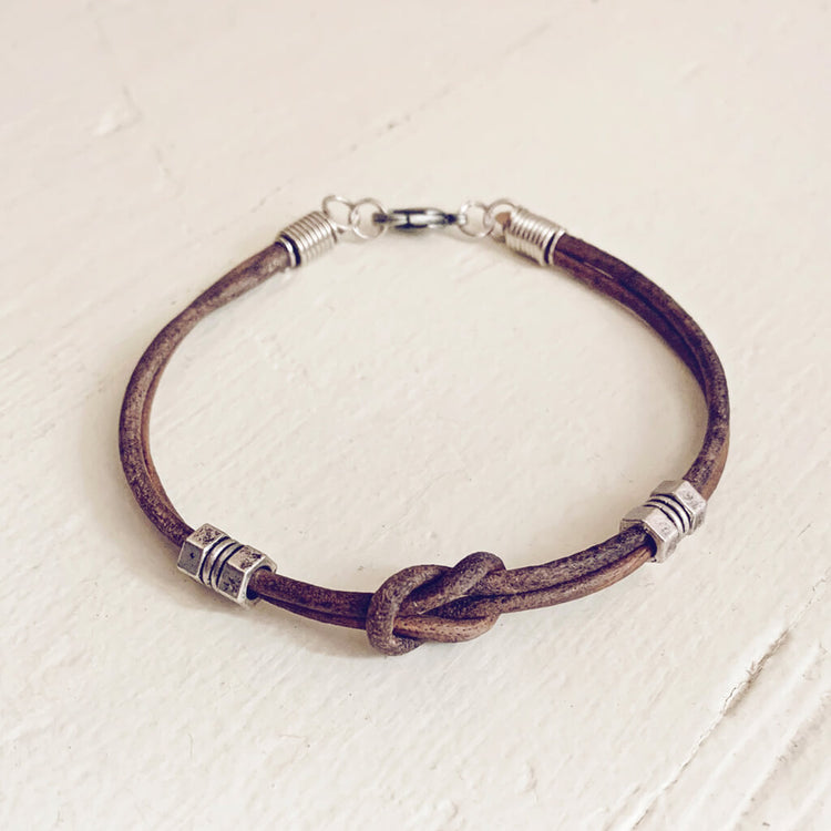 double hex // simple distressed grey brown leather knot bracelet with pewter hex beads by Peacock & Lime