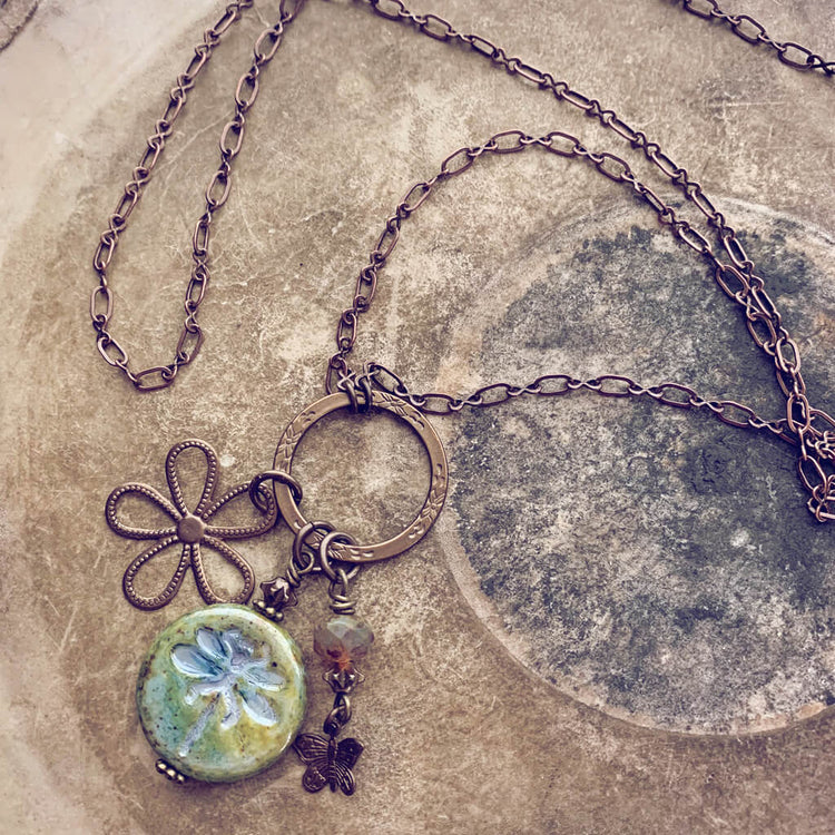 dragonfly garden pendant charm necklace - Peacock & Lime
