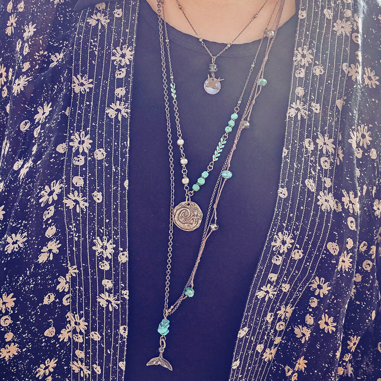 dreaming of the sea // mermaid pendant boho beach style necklace layered with other necklaces - Peacock & Lime