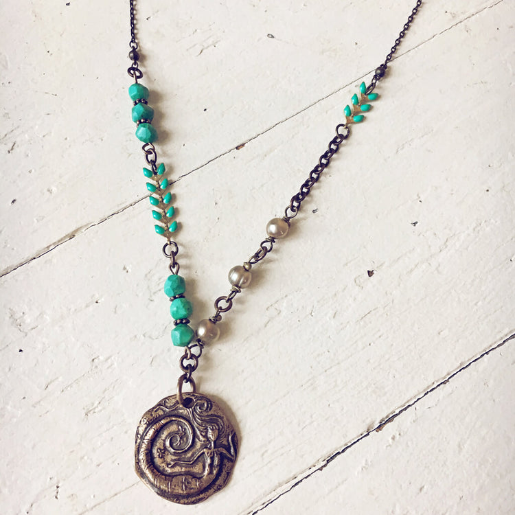 dreaming of the sea // mermaid pendant boho beach style necklace - Peacock & Lime