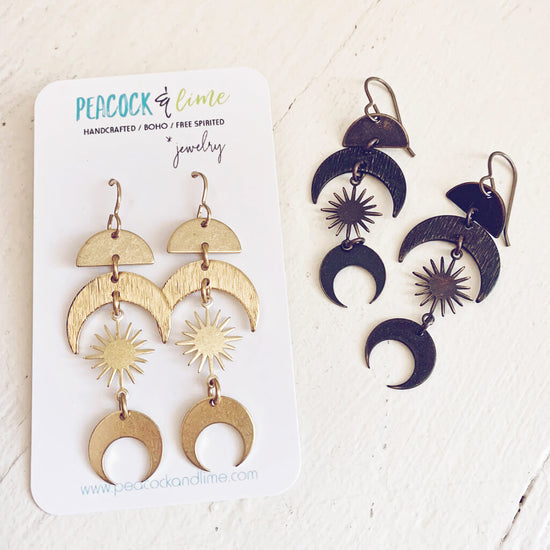 solar eclipse & lunar eclipse boho brass sun and moon dangle earrings by Peacock and Lime