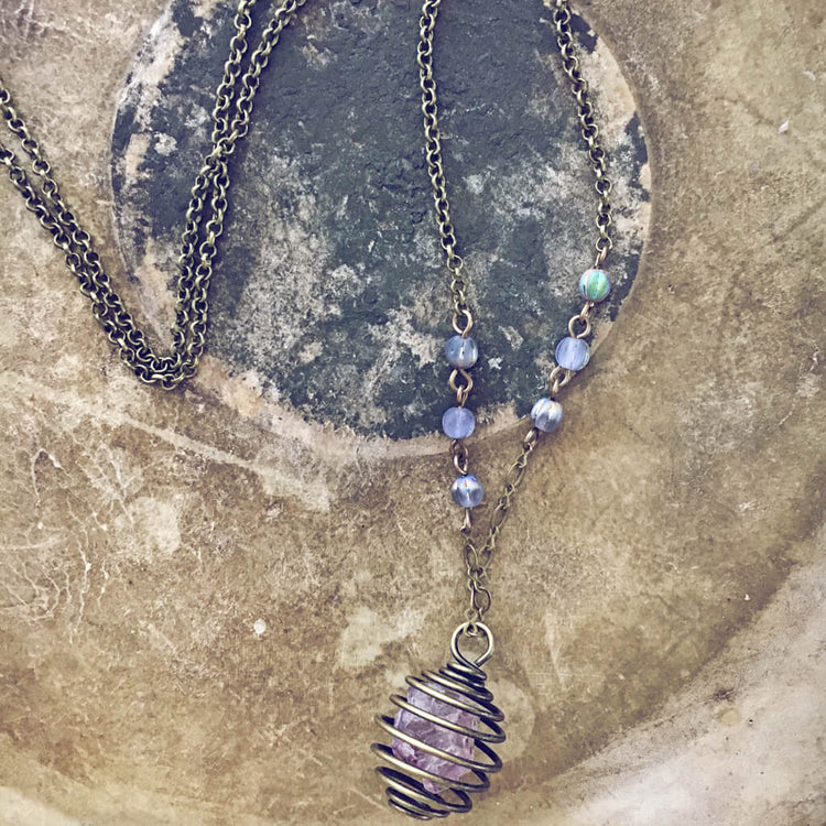 encapsulate / caged amethyst crystal gemstone necklace - Peacock & Lime