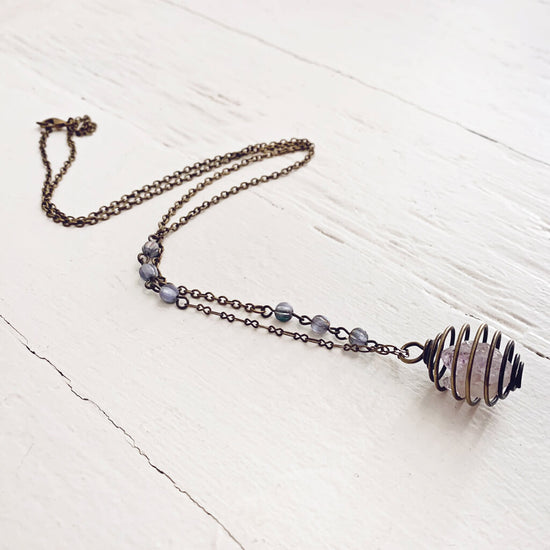 encapsulate / caged amethyst crystal gemstone necklace - Peacock & Lime