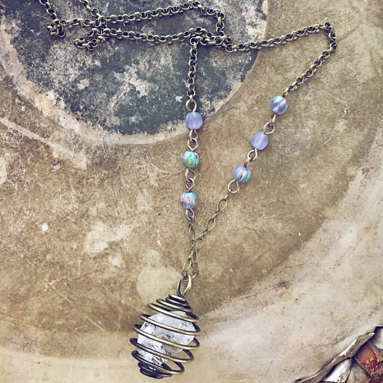 encapsulate / caged quartz crystal gemstone necklace - Peacock & Lime