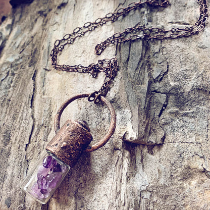 enchantment // copper electroformed crystal gemstone infused roller ball essential oil necklace - amethyst - by Peacock and Lime