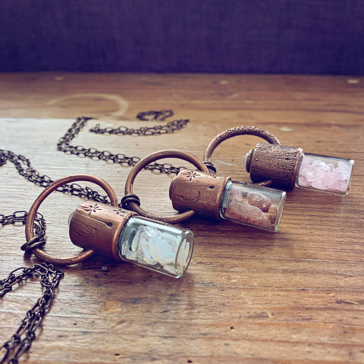 enchantment // copper electroformed crystal gemstone infused roller ball essential oil necklaces - by Peacock and Lime