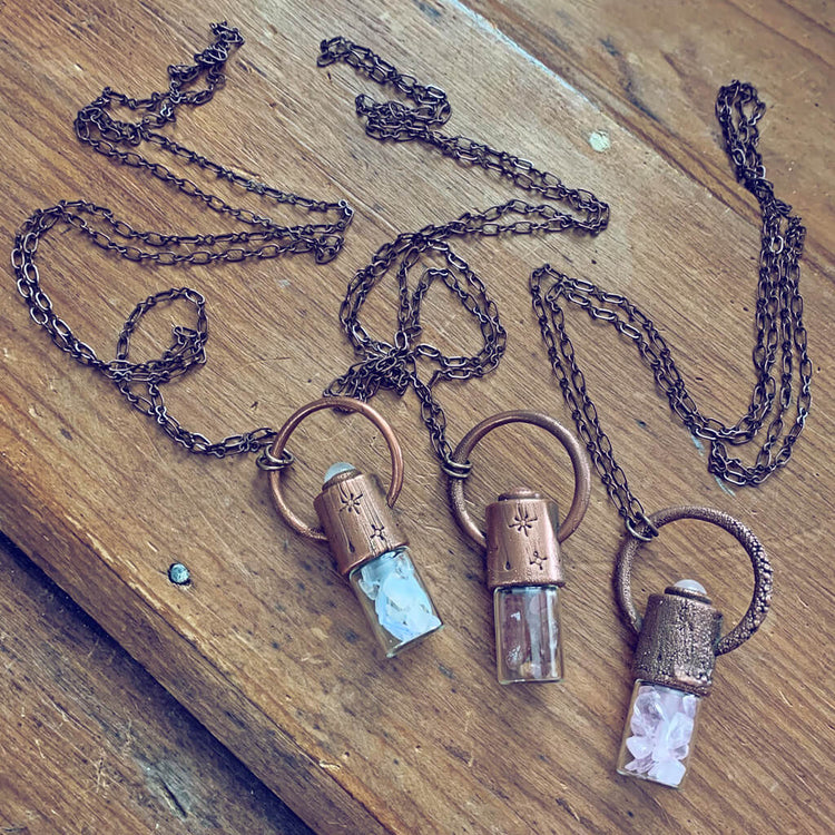 enchantment // copper electroformed crystal gemstone infused roller ball essential oil necklaces - by Peacock and Lime