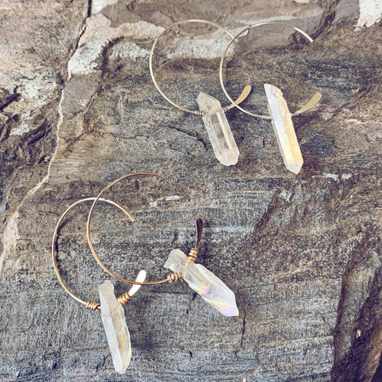 ethereal // angel aura crystal sterling silver or 14kt gold-filled open hoop earrings by Peacock and Lime
