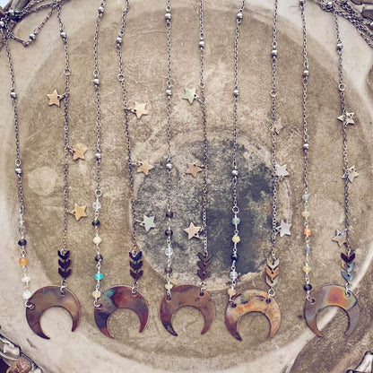 lunula // flame kissed copper boho crescent moon necklaces by Peacock & Lime