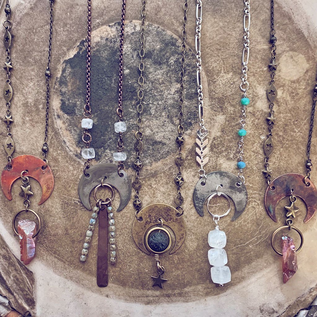 flame kissed boho crescent moon necklaces - Peacock & Lime