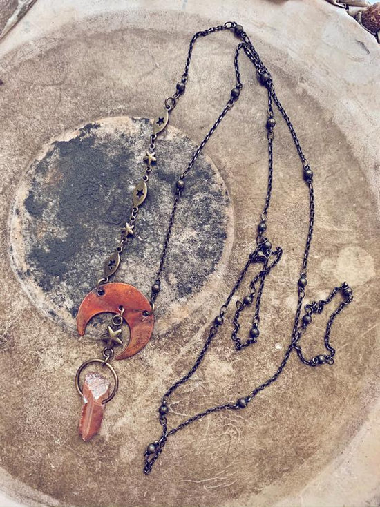 flame kissed boho crescent moon necklaces - Peacock & Lime