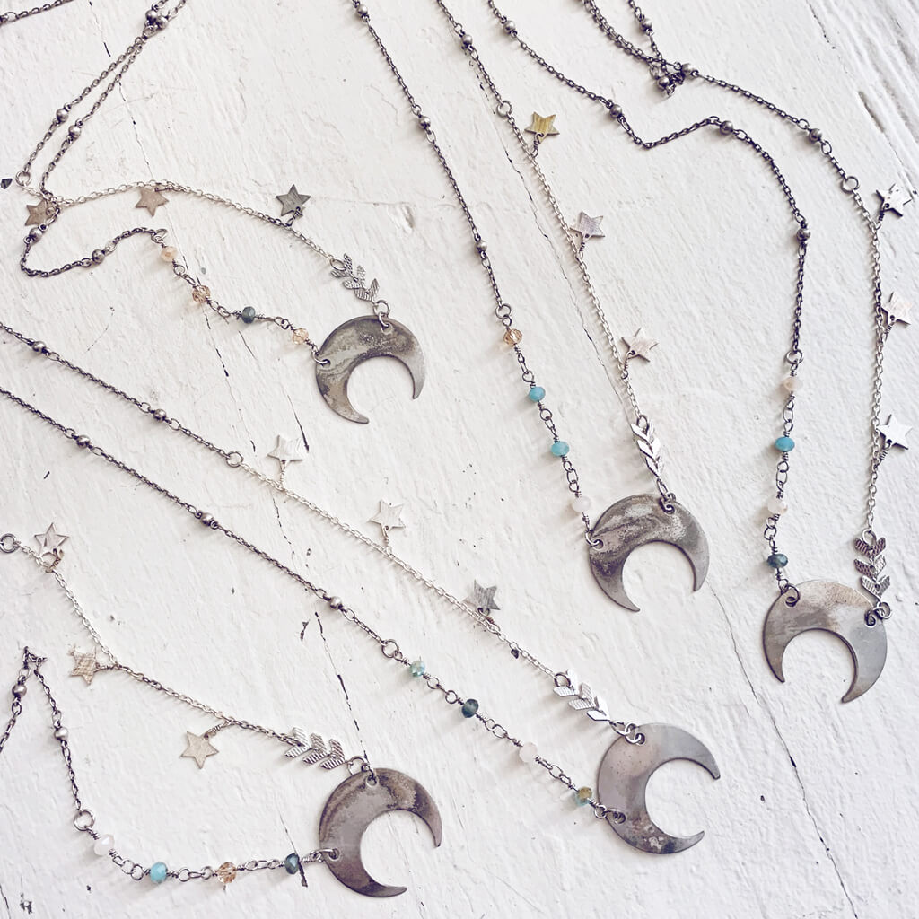 lunula // flame kissed silver boho crescent moon necklaces by Peacock & Lime