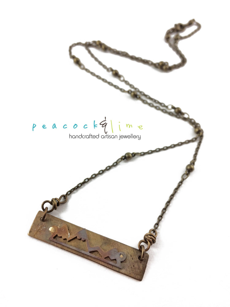 flame kissed mountain range bar pendant necklace - Peacock & Lime