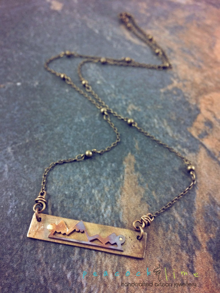 flame kissed mountain range bar pendant necklace - Peacock & Lime