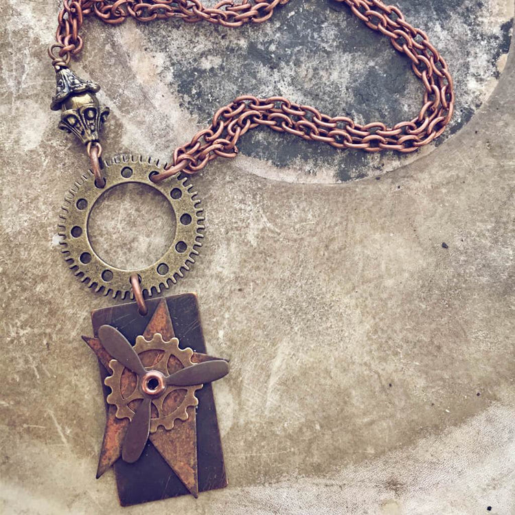 flight // steampunk riveted propeller & gears choker necklace - Peacock & Lime