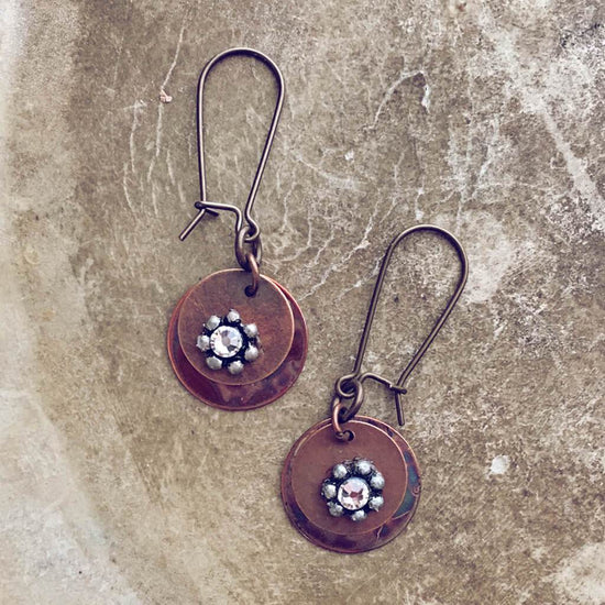 floret // flame kissed copper and swarovski beaded flower earrings - Peacock & Lime