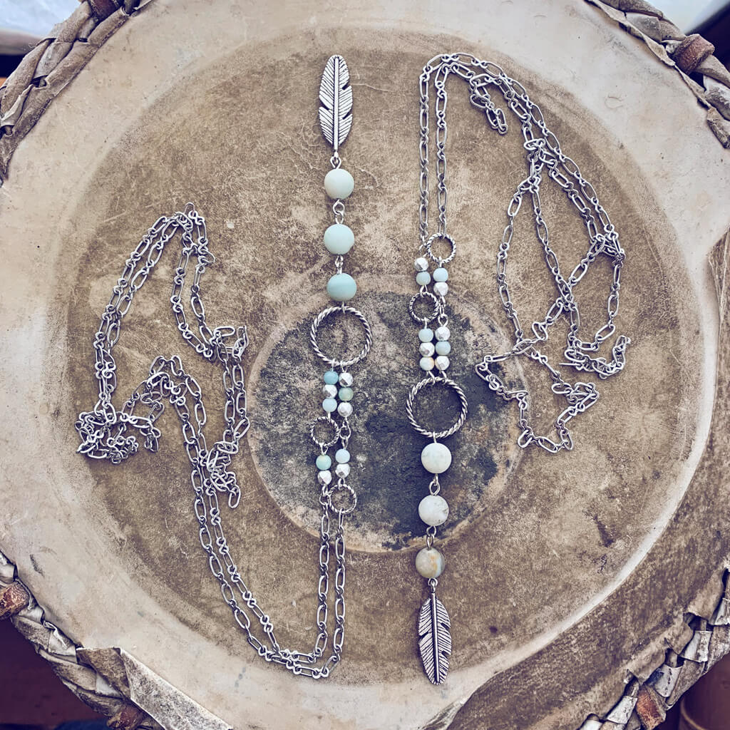 focus // amazonite & hematite long feather pendant necklaces - Peacock & Lime