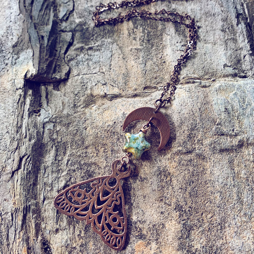 forest moon // copper electroformed moth pendant necklace - czech glass star by Peacock and Lime