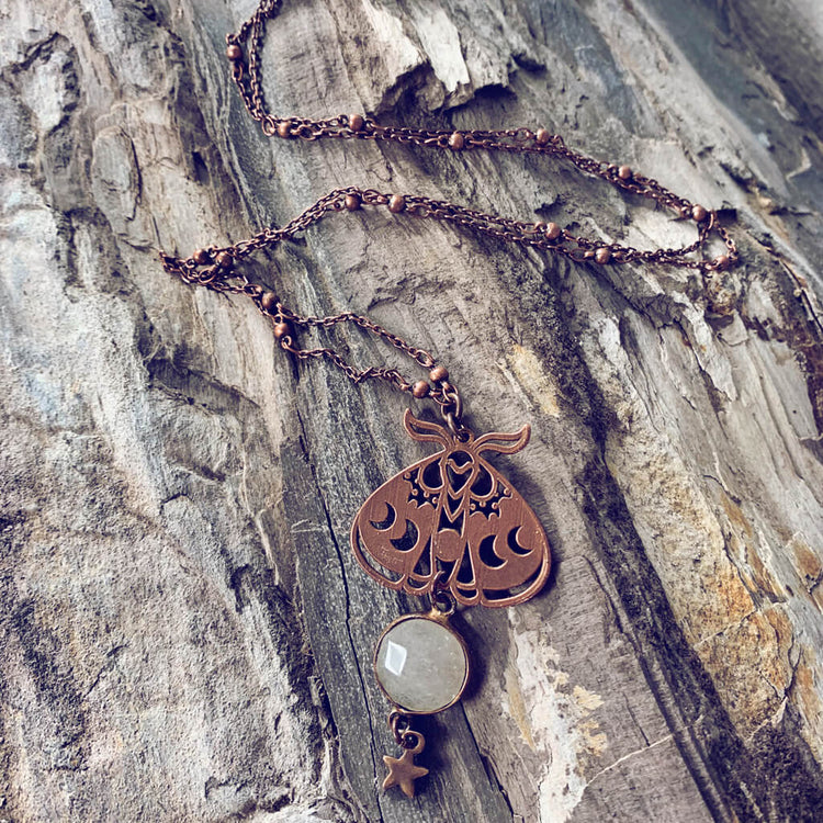 forest moon // copper electroformed moth pendant necklace - white agate by Peacock and Lime
