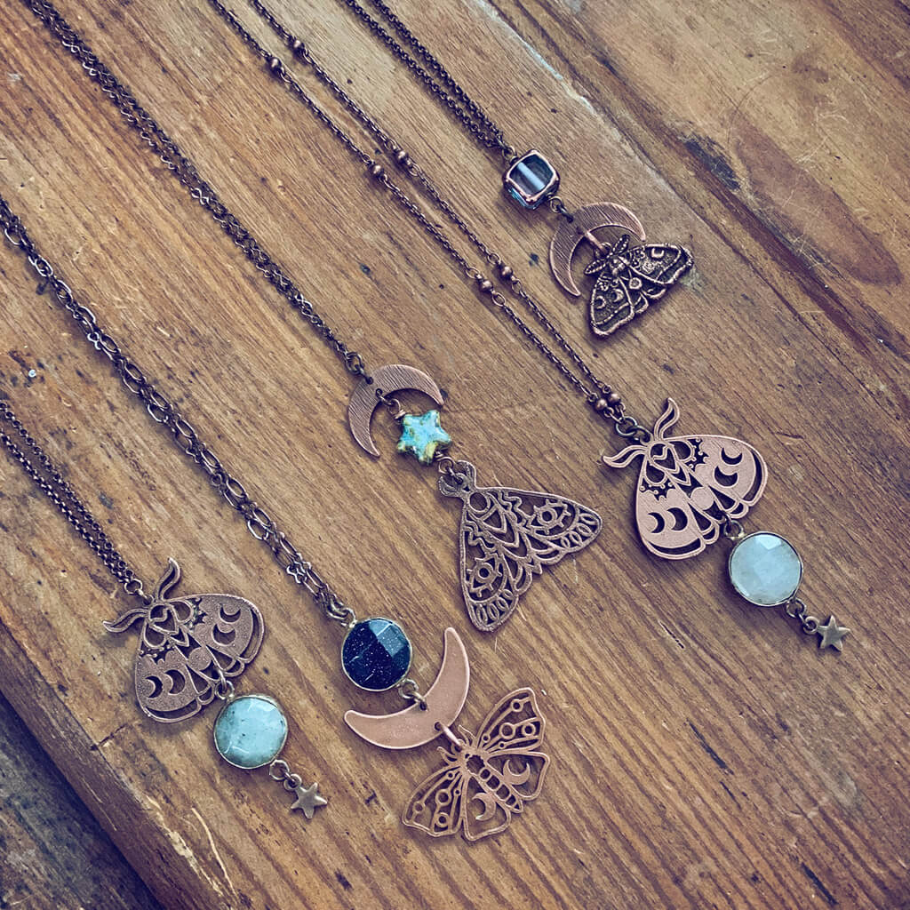 forest moon // copper electroformed moth pendant necklaces by Peacock and Lime