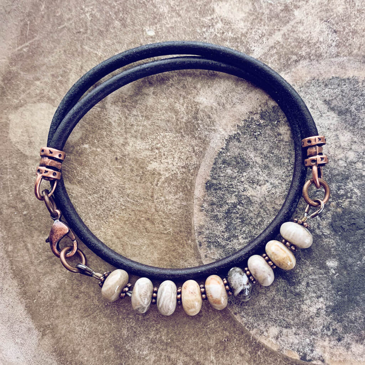 fossil / jasper gemstone leather wrap bracelet // choker - Peacock & Lime