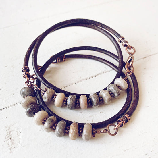 fossil / jasper gemstone leather wrap bracelets - choker - Peacock & Lime